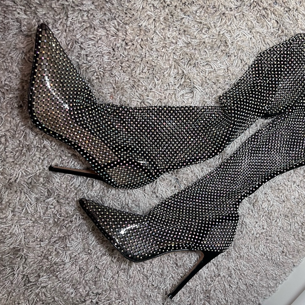 Elegant Black Rhinestone Stiletto Boots